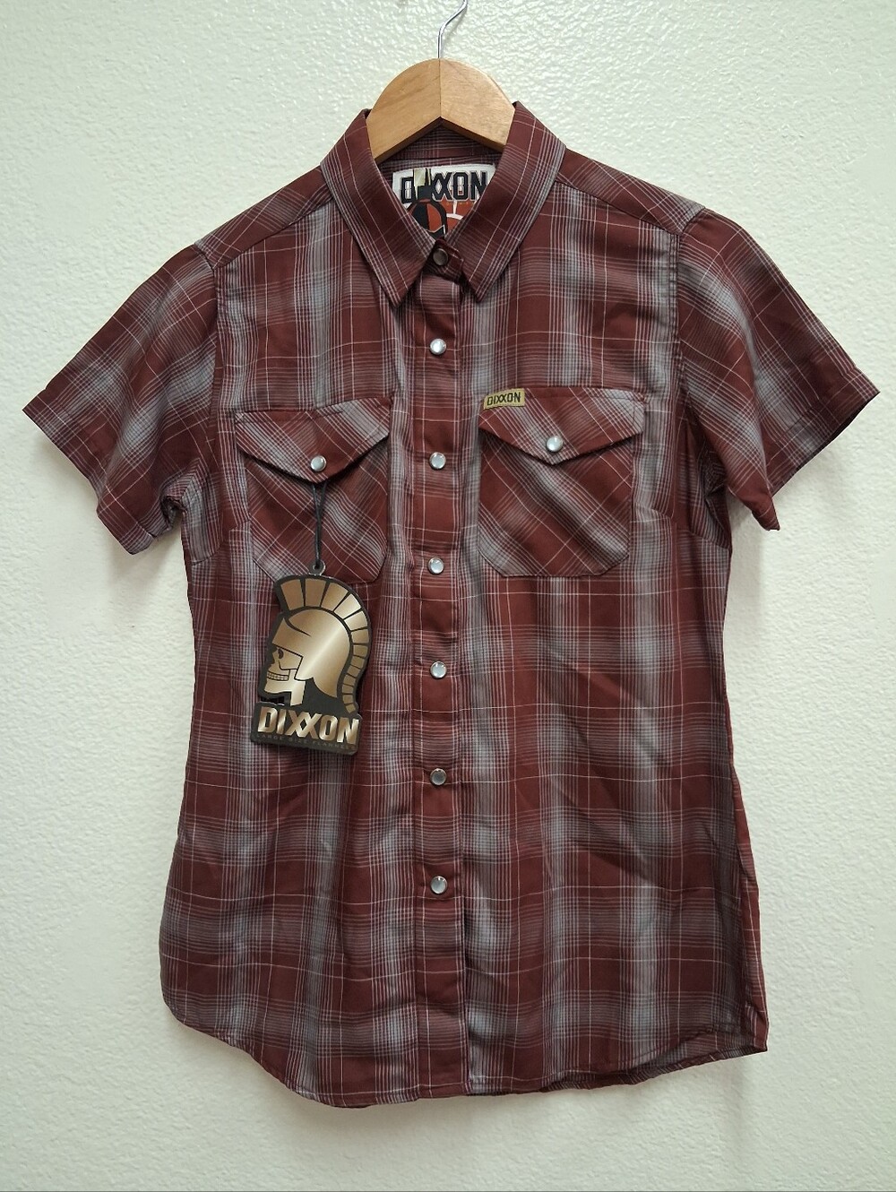 Dixxon Women's Small Red Plaid Trojan Magnum Short Sleeve Pearl Snap Shirt NWT